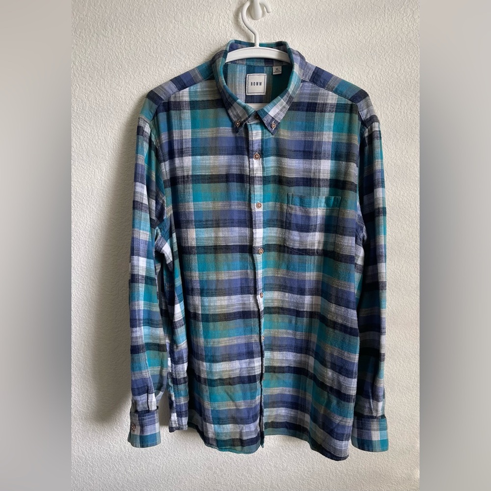 ROWM Men’s Flannel Teal Plaid Button Down Long Sleeves Shirt Size XL